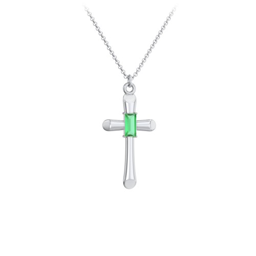 Mini Cross with Baguette Birthstone – Sterling Silver with Emerald
