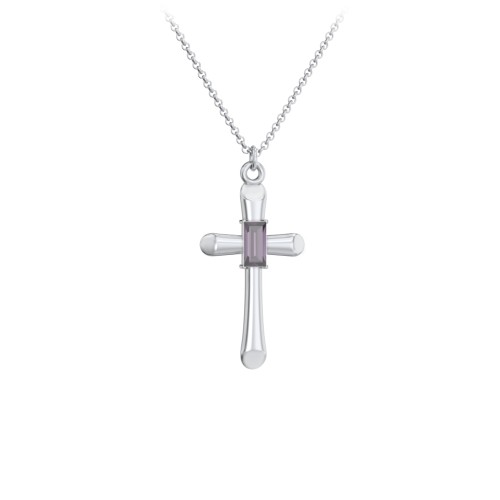 Mini Cross with Baguette Birthstone – Sterling Silver with Alexandrite