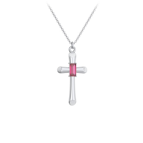 Mini Cross with Baguette Birthstone – Sterling Silver with Ruby