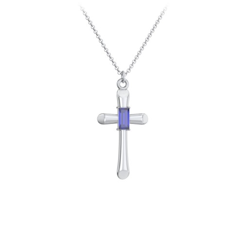 Mini Cross with Baguette Birthstone – Sterling Silver with Blue Sapphire
