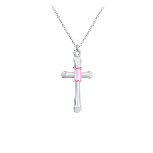 Mini Cross with Baguette Birthstone – Sterling Silver with Pink Tourmaline