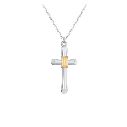 Mini Cross with Baguette Birthstone – Sterling Silver with Citrine