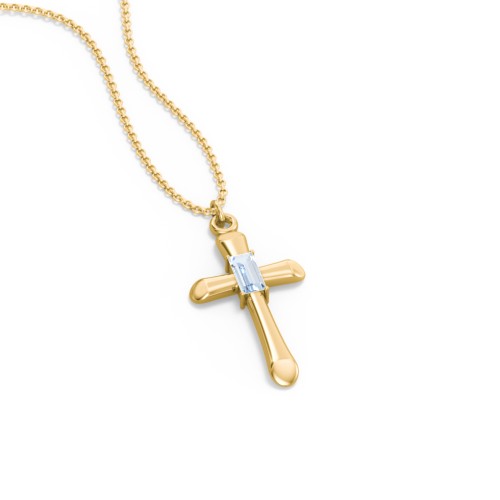 Mini Cross with Baguette Birthstone – 10K Yellow Gold with Aquamarine