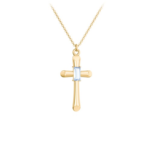 Mini Cross with Baguette Birthstone – 10K Yellow Gold with Aquamarine