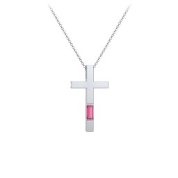 Modern Cross with Baguette Birthstone in 925 Sterling Silver with Ruby