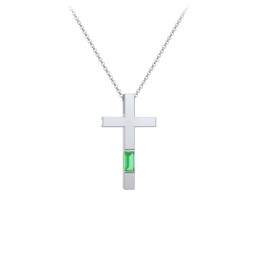 Modern Cross with Baguette Birthstone in 925 Sterling Silver with Emerald