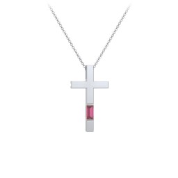 Modern Cross with Baguette Birthstone in 925 Sterling Silver with Ruby