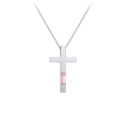 Modern Cross with Baguette Birthstone in 925 Sterling Silver with Pink Tourmaline