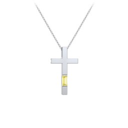 Modern Cross with Baguette Birthstone in 925 Sterling Silver with Citrine