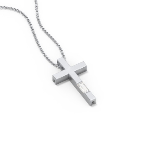 Modern Cross with Baguette Birthstone – Sterling Silver with Cubic Zirconia