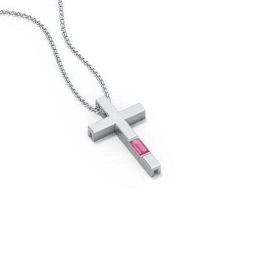 Modern Cross with Baguette Birthstone – Sterling Silver with Ruby