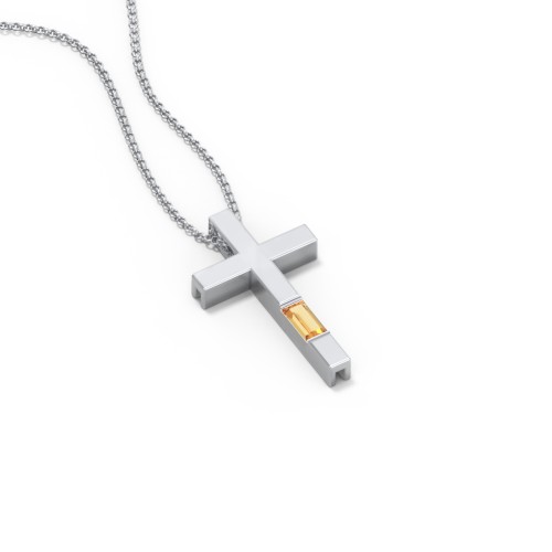 Modern Cross with Baguette Birthstone – Sterling Silver with Citrine