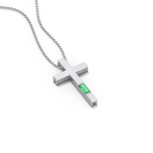 Modern Cross with Baguette Birthstone – Sterling Silver with Emerald