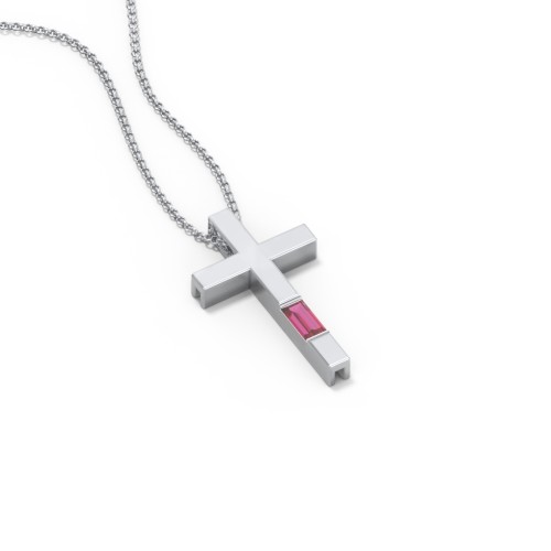 Modern Cross with Baguette Birthstone – Sterling Silver with Ruby