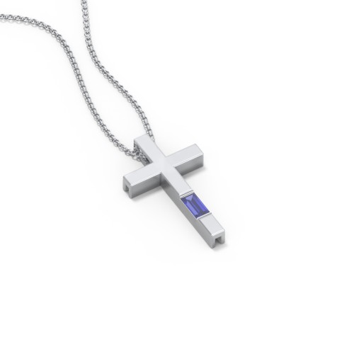 Modern Cross with Baguette Birthstone – Sterling Silver with Blue Sapphire