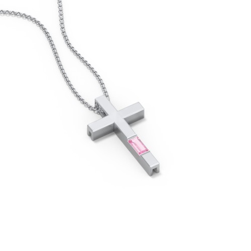 Modern Cross with Baguette Birthstone – Sterling Silver with Pink Tourmaline