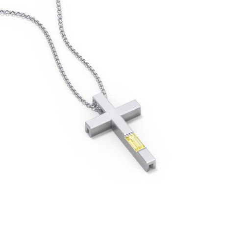 Modern Cross with Baguette Birthstone – Sterling Silver with Citrine