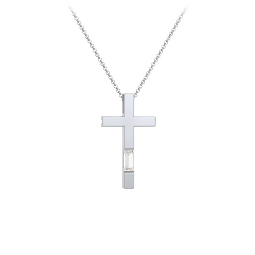 Modern Cross with Baguette Birthstone – Sterling Silver with Cubic Zirconia