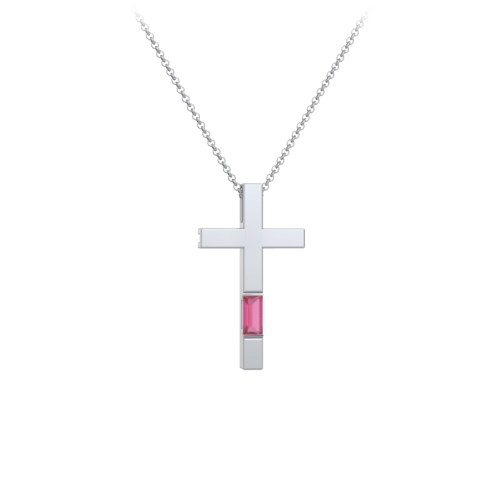 Modern Cross with Baguette Birthstone – Sterling Silver with Ruby