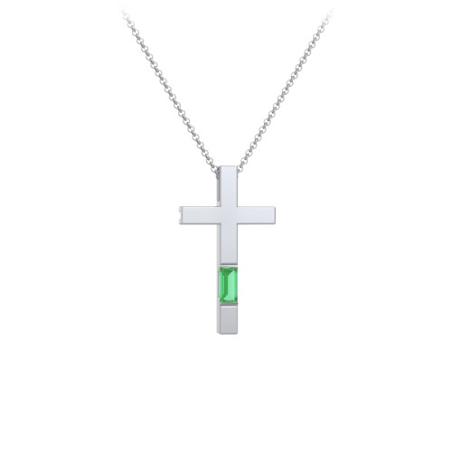 Modern Cross with Baguette Birthstone – Sterling Silver with Emerald