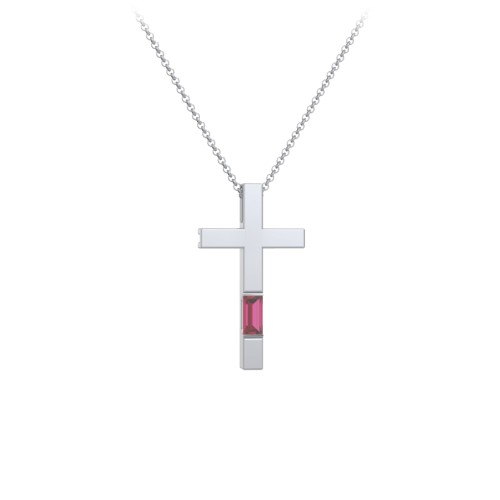Modern Cross with Baguette Birthstone – Sterling Silver with Ruby