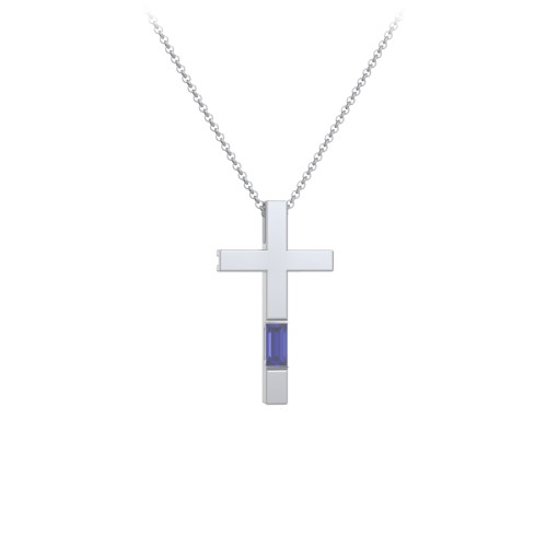 Modern Cross with Baguette Birthstone – Sterling Silver with Blue Sapphire