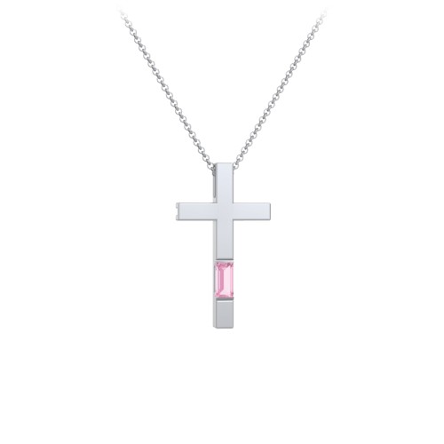 Modern Cross with Baguette Birthstone – Sterling Silver with Pink Tourmaline