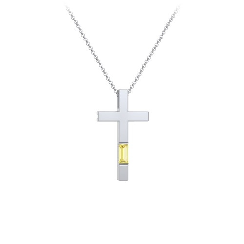 Modern Cross with Baguette Birthstone – Sterling Silver with Citrine