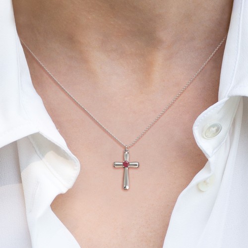 Mini Cross with Birthstone – Sterling Silver with Opal