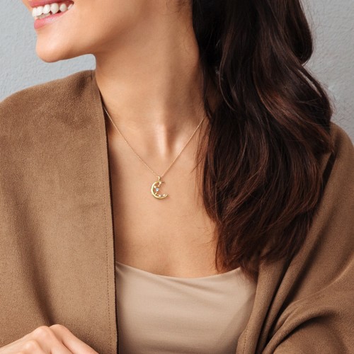 Moon and Constellation Gemstone Pendant – Sterling Silver with Citrine, Cubic Zirconia, and Aquamarine