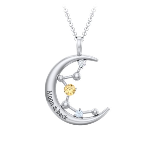 Moon and Constellation Gemstone Pendant – Sterling Silver with Citrine, Cubic Zirconia, and Aquamarine