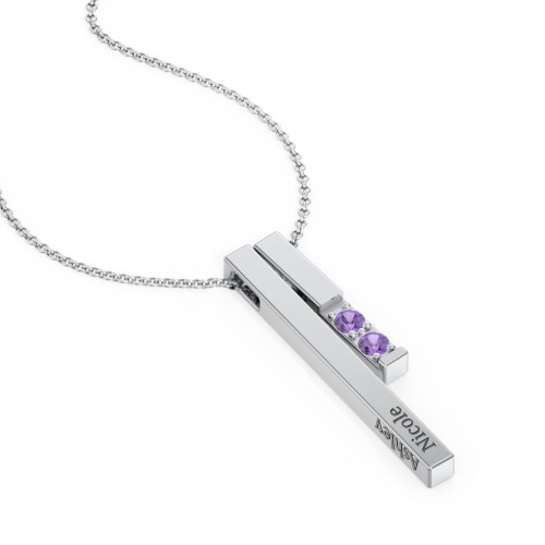Multi Vertical 3D Bar Necklace with 1-4 Birthstones – Sterling Silver with Amethyst