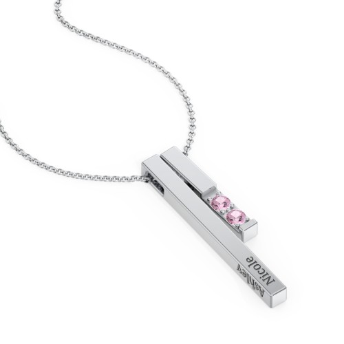 Multi Vertical 3D Bar Necklace with 1-4 Birthstones – Sterling Silver with Pink Tourmaline