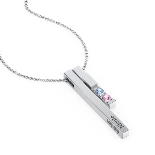 Multi Vertical 3D Bar Necklace with 1-4 Birthstones – Sterling Silver with Blue Topaz and Pink Tourmaline