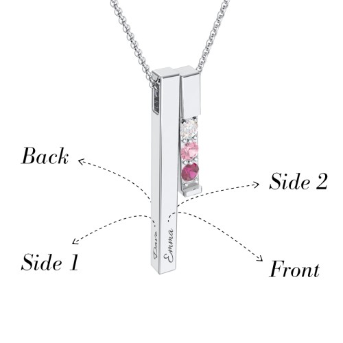 Multi Vertical 3D Bar Necklace with 1-4 Birthstones – Sterling Silver with Blue Topaz and Pink Tourmaline