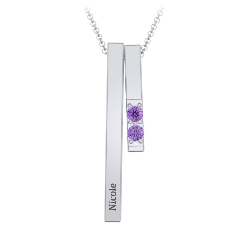 Multi Vertical 3D Bar Necklace with 1-4 Birthstones – Sterling Silver with Amethyst