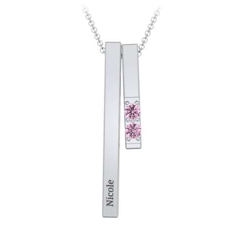 Multi Vertical 3D Bar Necklace with 1-4 Birthstones – Sterling Silver with Pink Tourmaline