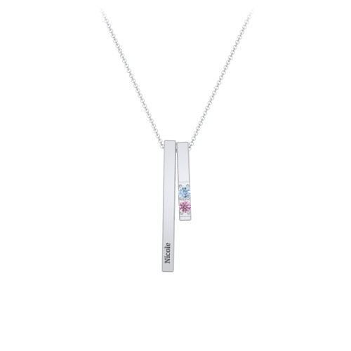 Multi Vertical 3D Bar Necklace with 1-4 Birthstones – Sterling Silver with Blue Topaz and Pink Tourmaline