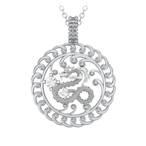 Year of the Dragon Chinese Zodiac Medallion Necklace – Sterling Silver with Cubic Zirconia