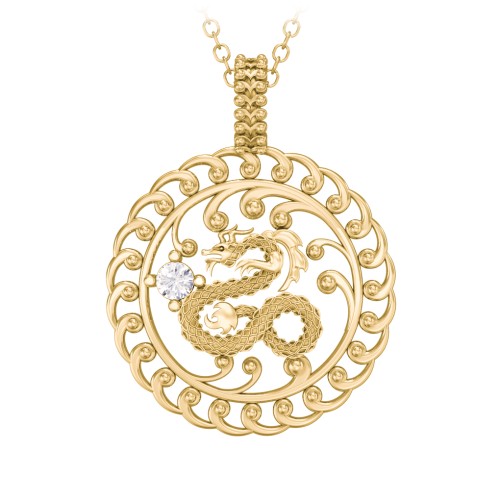 Year of the Dragon Chinese Zodiac Medallion Necklace – 10K Yellow Gold with Cubic Zirconia