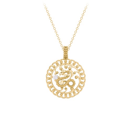 Year of the Dragon Chinese Zodiac Medallion Necklace – 10K Yellow Gold with Cubic Zirconia