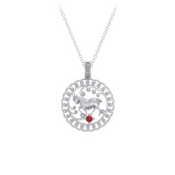 Year of the Goat Chinese Zodiac Medallion Necklace in 925 Sterling Silver with Garnet
