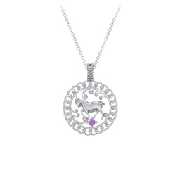 Year of the Goat Chinese Zodiac Medallion Necklace in 925 Sterling Silver with Amethyst