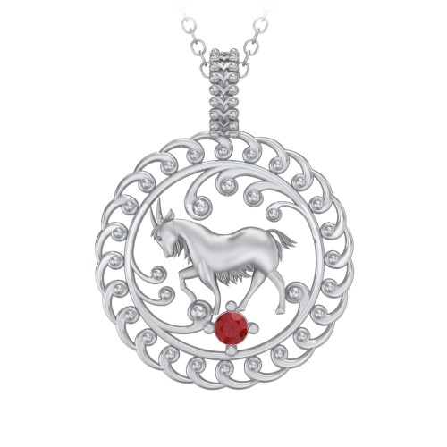 Year of the Goat Chinese Zodiac Medallion Necklace – Sterling Silver with Garnet