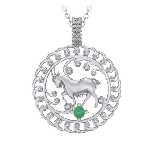 Year of the Goat Chinese Zodiac Medallion Necklace – Sterling Silver with Emerald