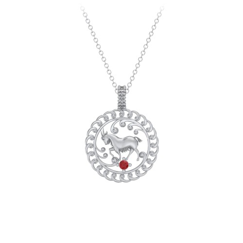 Year of the Goat Chinese Zodiac Medallion Necklace – Sterling Silver with Garnet