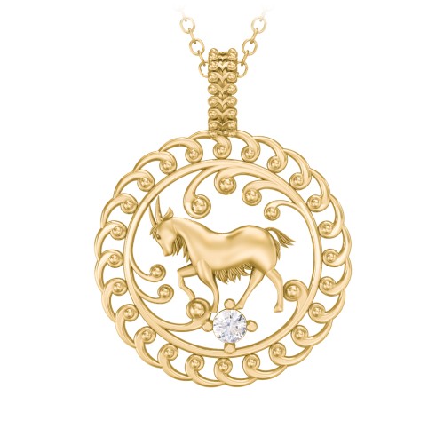 Year of the Goat Chinese Zodiac Medallion Necklace – 10K Yellow Gold with Cubic Zirconia