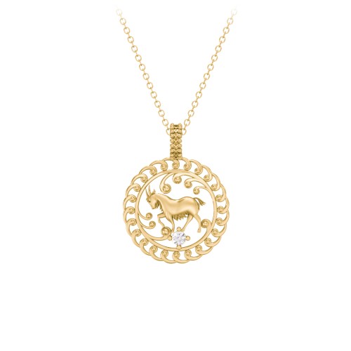 Year of the Goat Chinese Zodiac Medallion Necklace – 10K Yellow Gold with Cubic Zirconia