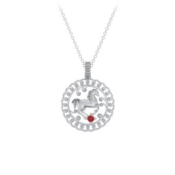 Year of the Horse Chinese Zodiac Medallion Necklace in 925 Sterling Silver with Garnet