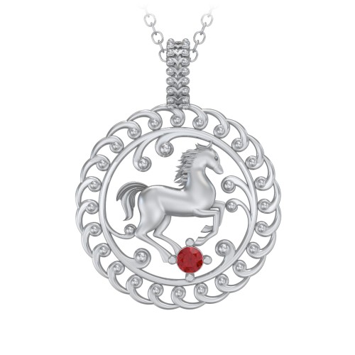 Year of the Horse Chinese Zodiac Medallion Necklace – Sterling Silver with Garnet